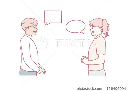 Man and woman in casual clothes with talking bubbles discussing plans for weekend. Vector image 136406094
