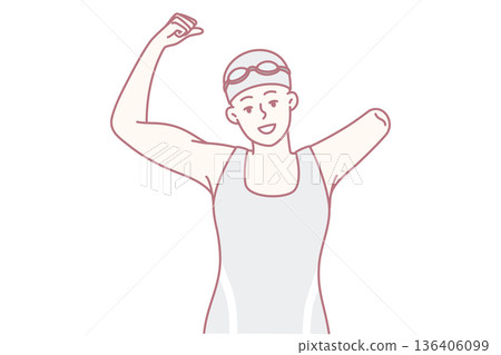 Woman swimmer with one arm showing strength by showing biceps as sign of victory. Vector image 136406099