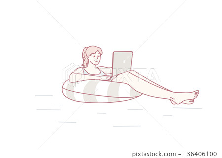 Successful woman floats on air mattress in sea with laptop on lap in sunny resort. Vector image 136406100