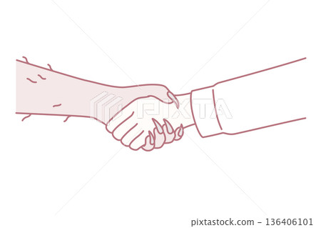 Handshake man and devil symbolizes risky deal or dangerous business arrangement. Vector image 136406101