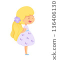 Little girl with blonde hair in a playful dress adorned with butterflies standing happily with a smile 136406130