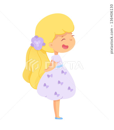 Little girl with blonde hair in a playful dress adorned with butterflies standing happily with a smile 136406130