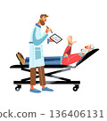 Old patient and doctor. Doctor examining elderly male patient lying on medical bed. Healthcare consultation, physician checking health condition, hospital visit. Vector illustration 136406131