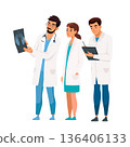 Group of doctors in white coats analyzing X-ray and writing notes. Medical team consultation, healthcare professionals discussing diagnosis. Vector illustration of hospital staff, medicine, teamwork 136406133