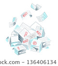 Bureaucracy concept. Paper documents, paperwork background. Administrative overload. Large pile of paperwork with stamps like accept, reject, approve, consider. Flat vector illustration 136406134