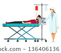 Blood donation scene. Male donor lying on medical bed with IV line, nurse operating blood collection machine. Healthcare and voluntary blood donate. Flat vector illustration 136406136