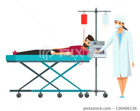 Blood donation scene. Male donor lying on medical bed with IV line, nurse operating blood collection machine. Healthcare and voluntary blood donate. Flat vector illustration 136406136