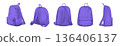 Violet backpack design front, back, side and isometric view set. College or school rucksack mockup vector illustrations. Realistic youth pack of fabric for study or sport isolated on transparent 136406137