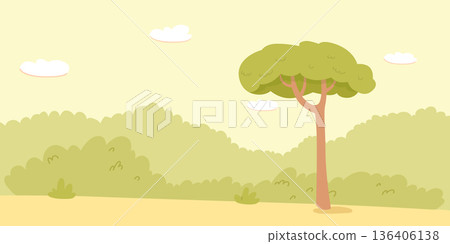 Summer park background with green bushes and light sky with clouds. Minimal flat design landscape for children outdoor scenes, games, or animation backdrop. Cartoon vector illustration Summer park background with green bushes and light sky with clouds. Minimal flat design landscape for children outdoor scenes, games, or animation backdrop. Cartoon vector illustration 136406138