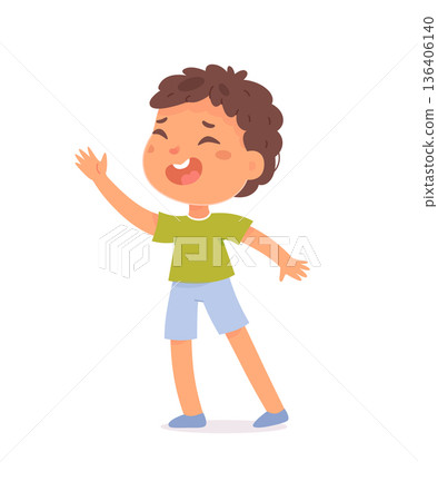 Smiling cartoon boy with curly brown hair, wearing green t-shirt, blue shorts, and slippers, waving hand. Happy child character illustration on white background. Cartoon vector illustration Smiling cartoon boy with curly brown hair, wearing green t-shirt, blue shorts, and slippers, waving hand. Happy child character illustration on white background. Cartoon vector illustration 136406140
