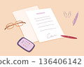 Office desk with papers, smartphone, glasses, pen, clips. Minimalist workplace background. Business agreement concept. Cartoon vector illustration 136406142