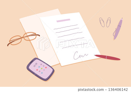 Office desk with papers, smartphone, glasses, pen, clips. Minimalist workplace background. Business agreement concept. Cartoon vector illustration 136406142