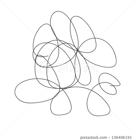 Abstract doodles. Sketch. A casual oval shape with curls inside. Vector illustration. Tangled object made of lines. Hand drawn style. Outline on isolated background. Idea for web design. 136406191