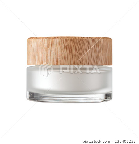 Glass jar with bamboo lid for cosmetic cream or skincare product, featuring a smooth white surface and elegant design for beauty applications. Isolated on transparent background. 136406233