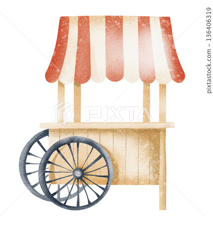 Watercolor drawing of a mobile cart. Stand, kiosk, and trolley for commerce and catering. Isolated vehicle for retail service. Illustration mobile stall with wheels, awning, and small business setup. 136406319