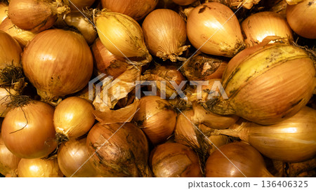 Onions harvested from the field. Fresh onions. Close-up of onions. 136406325
