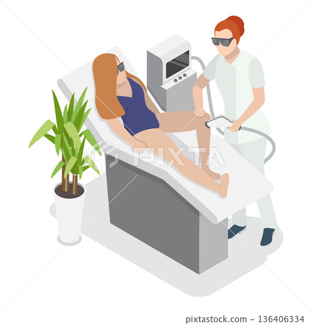 3D Isometric Flat Vector Illustration of Hair Removal, Young Women Performing Beauty Procedures. Item 1 136406334