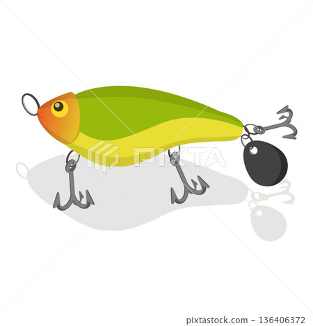 3D Isometric Flat Vector Illustration of Fishing Bait Collection, Fisherman Tackle and Artificial Fishes. Item 4 136406372