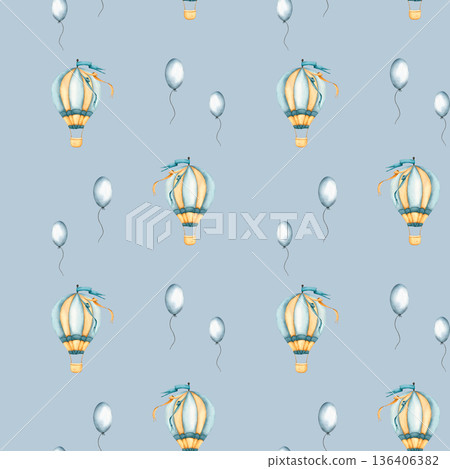 Seamless pattern with hot air balloons and balloons. Childish wallpaper air balloons and Hot air Balloon. Watercolor illustration of floating balloons for kids goods, kids wallpaper, wrapping paper Seamless pattern with hot air balloons and balloons. Childish wallpaper air balloons and Hot air Balloon. Watercolor illustration of floating balloons for kids goods, kids wallpaper, wrapping paper 136406382