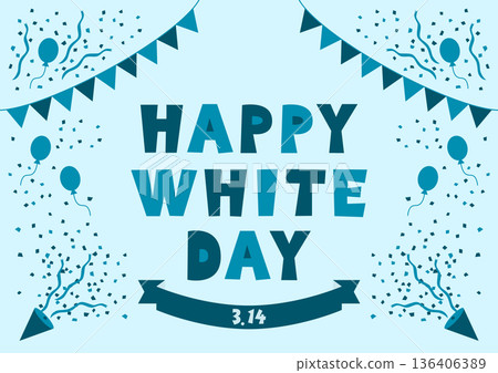 白色情人節插圖，配有三角旗、氣球和鞭炮 136406389