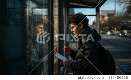 Young Person Waiting at Bus Stop During Afternoon With Schedule in Hand 136406516
