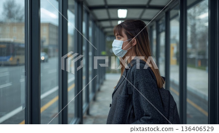 Woman Waiting at a Bus Stop While Wearing a Mask on a Cloudy Day in an Urban Area 136406529