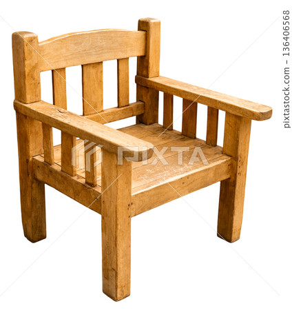 A wooden chair with a basic structure is shown. It has straight lines and is made of light wood. The piece stands out on a white background, making it suitable for various uses A wooden chair with a basic structure is shown. It has straight lines and is made of light wood. The piece stands out on a white background, making it suitable for various uses 136406568