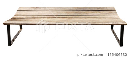 A wooden bench has a curved seat made of slats. Bench features a metal frame with support legs. It is placed on a white background. 136406580