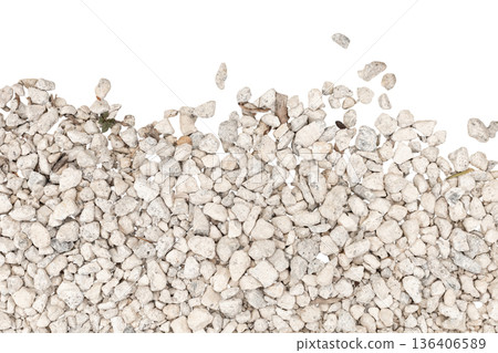 Small white gravel pieces are cut out against a white background. They can be used for gardening, driveways, or decorative purposes in many outdoor projects Small white gravel pieces are cut out against a white background. They can be used for gardening, driveways, or decorative purposes in many outdoor projects 136406589