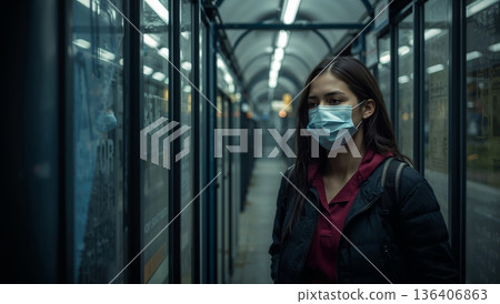 Woman Waits at a Bus Stop While Wearing a Mask in a City During Evening Hours 136406863
