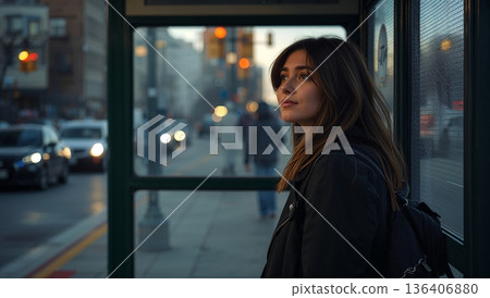 Woman Waits at Bus Stop in City During Evening Hours With Cars Passing By 136406880