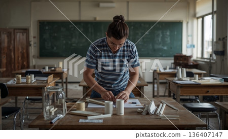 Student Works on a Project in an Empty Classroom With Tables and Supplies Around 136407147