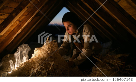 Young Person Works With Fishing Net in Rustic Attic During Sunset Hours 136407148