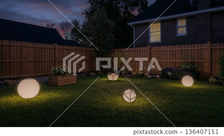 Outdoor Lights Illuminate a Backyard Yard at Night in a Residential Area With Fences and Plants 136407151