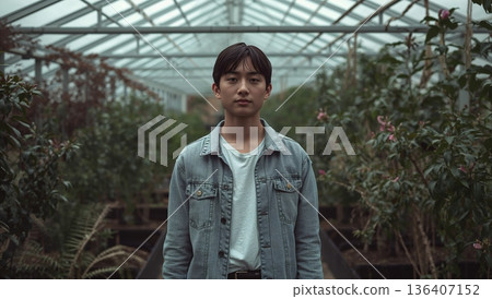 Young Person Stands Inside a Greenhouse With Plants Surrounded During Cloudy Day Young Person Stands Inside a Greenhouse With Plants Surrounded During Cloudy Day 136407152