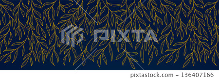 Hand-Drawn Willow Branches with Golden Leaves Line Art, Elegant Botanical Background, Seamless Pattern, Organic Design in a Vector Illustration 136407166