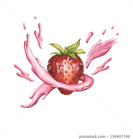 Strawberry with pink water drops splash flying in the air. Watercolor illustration of juicy strawberry in a splash. Fresh ripe strawberries in splashing yogurt. Illustration for tea, jam, yogurt 136407199