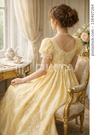 Back View of Elegant Woman in Vintage Regency-Style Blush Dress with Floral Embroidery 136407264