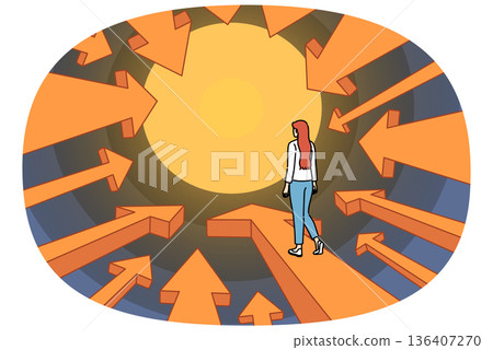 Business woman boldly follows risky path made of arrows pointing to big goal and success 136407270