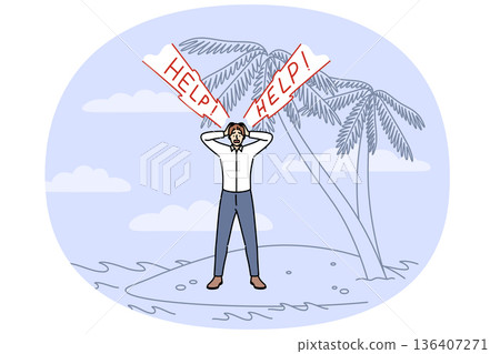 Business man shouts help standing on desert island, as metaphor for dismissal or bankruptcy 136407271