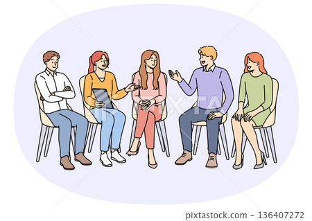 Group psychotherapy in alcoholics anonymous club discussing consequences of giving up beer and vodka 136407272