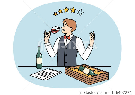 Man sommelier drinks wine from glass and gives rating out of 4 stars for alcohol drink. Man sommelier drinks wine from glass and gives rating out of 4 stars for alcohol drink. 136407274