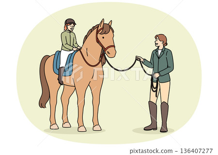 Little girl learns to ride horse and be jockey or rider, under supervision of female trainer Little girl learns to ride horse and be jockey or rider, under supervision of female trainer 136407277