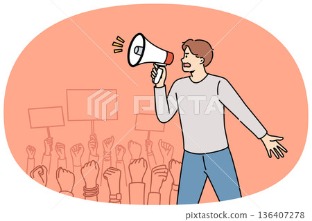 Man opposition leader leads anti-government protest and shouts political slogans into megaphone Man opposition leader leads anti-government protest and shouts political slogans into megaphone 136407278