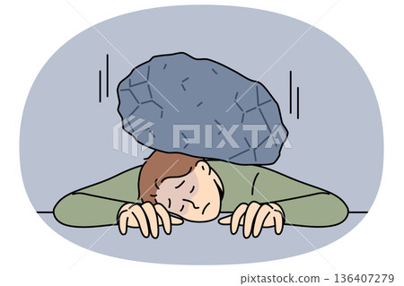 Huge load of stone lies on man back, putting pressure on tired clerk in need of help 136407279