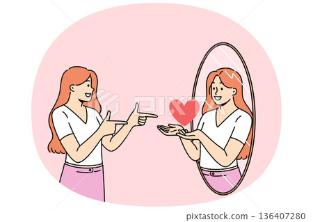 Woman with high self-esteem looks in mirror and sees reflection with heart as metaphor for self-love Woman with high self-esteem looks in mirror and sees reflection with heart as metaphor for self-love 136407280