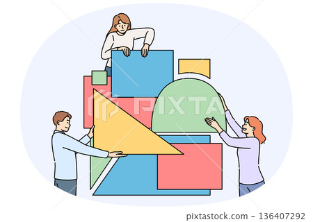 Business people put together puzzle in attempt to build reliable company that brings good profits 136407292