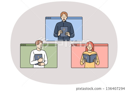 Online mass of priest reading bible with believers looking out of computer windows Online mass of priest reading bible with believers looking out of computer windows 136407294