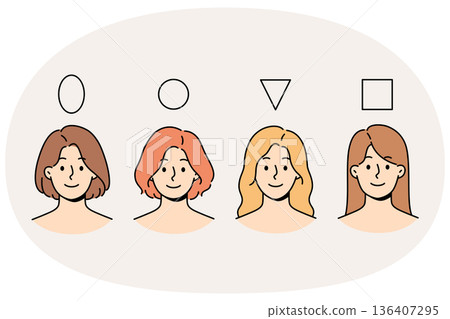 Women with different face shapes smile, near shapes of triangle and square and circle with oval 136407295