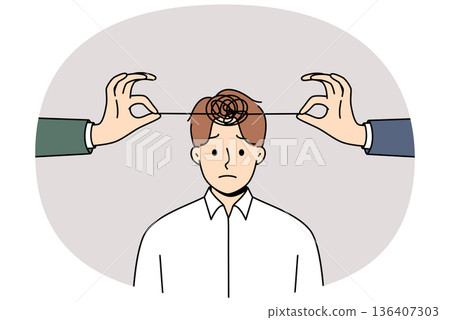 Problems with psychological health in man with tangled threads on head and hands of friends 136407303